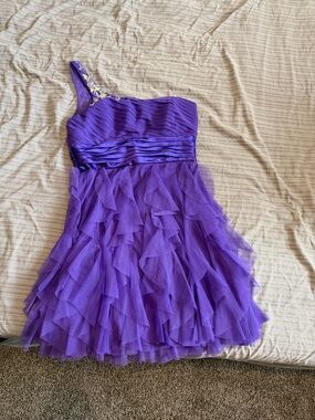 Deb One-Shoulder Purple Ruffle Mini Dress with Embellished Strap